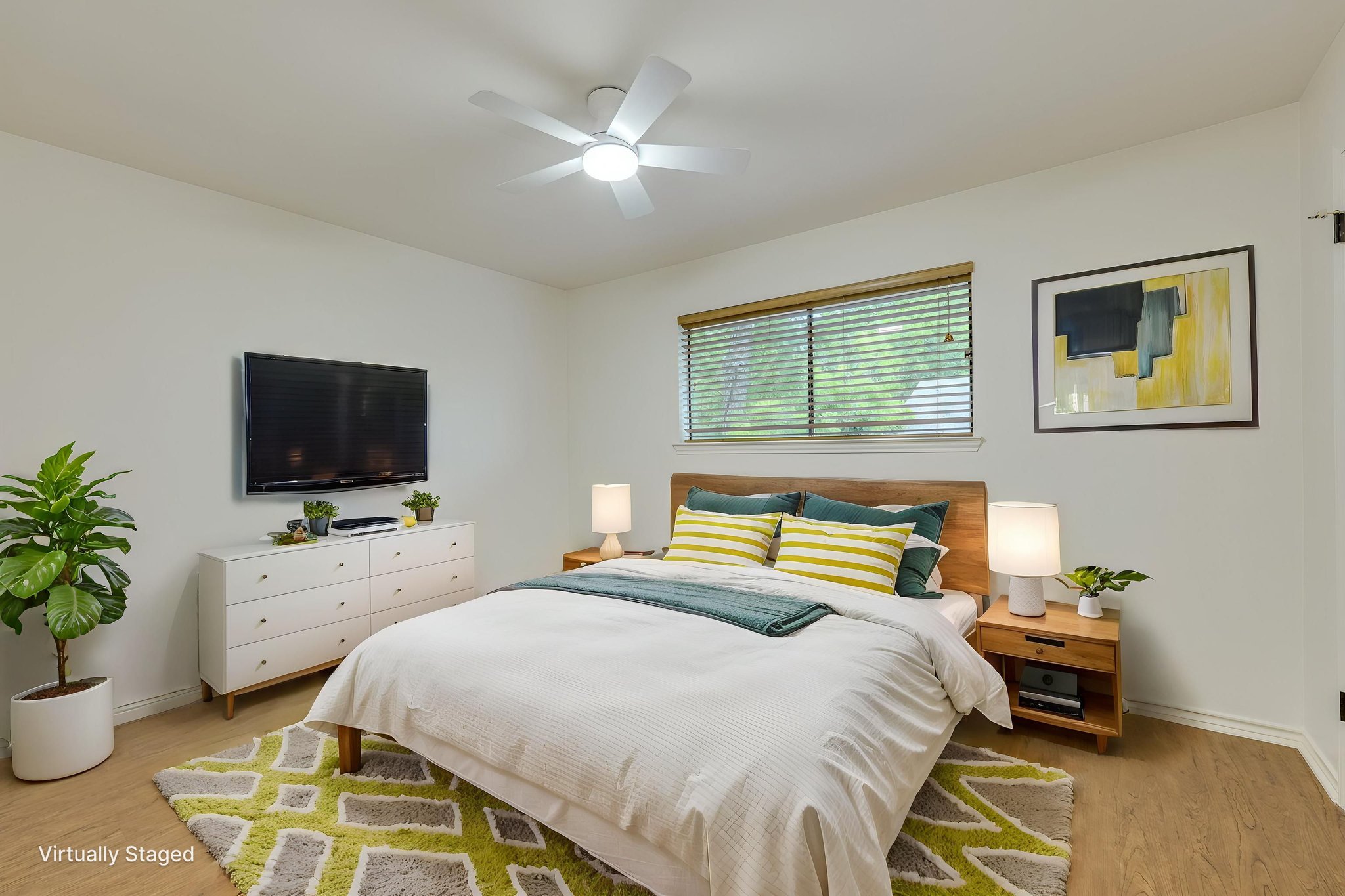 2500 Enfield Road, Unit 9 Austin, TX 78703 - Photo 18 of 26 *Virtually Staged * Bedroom featuring wood-finish flooring, a ceiling fan, and a window with blinds