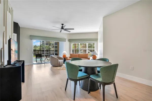 a view of a dining room with furniture window and wooden floor