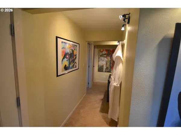 a view of a hallway with painted walls