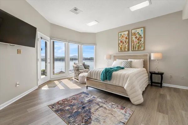 a view of a park with large trees