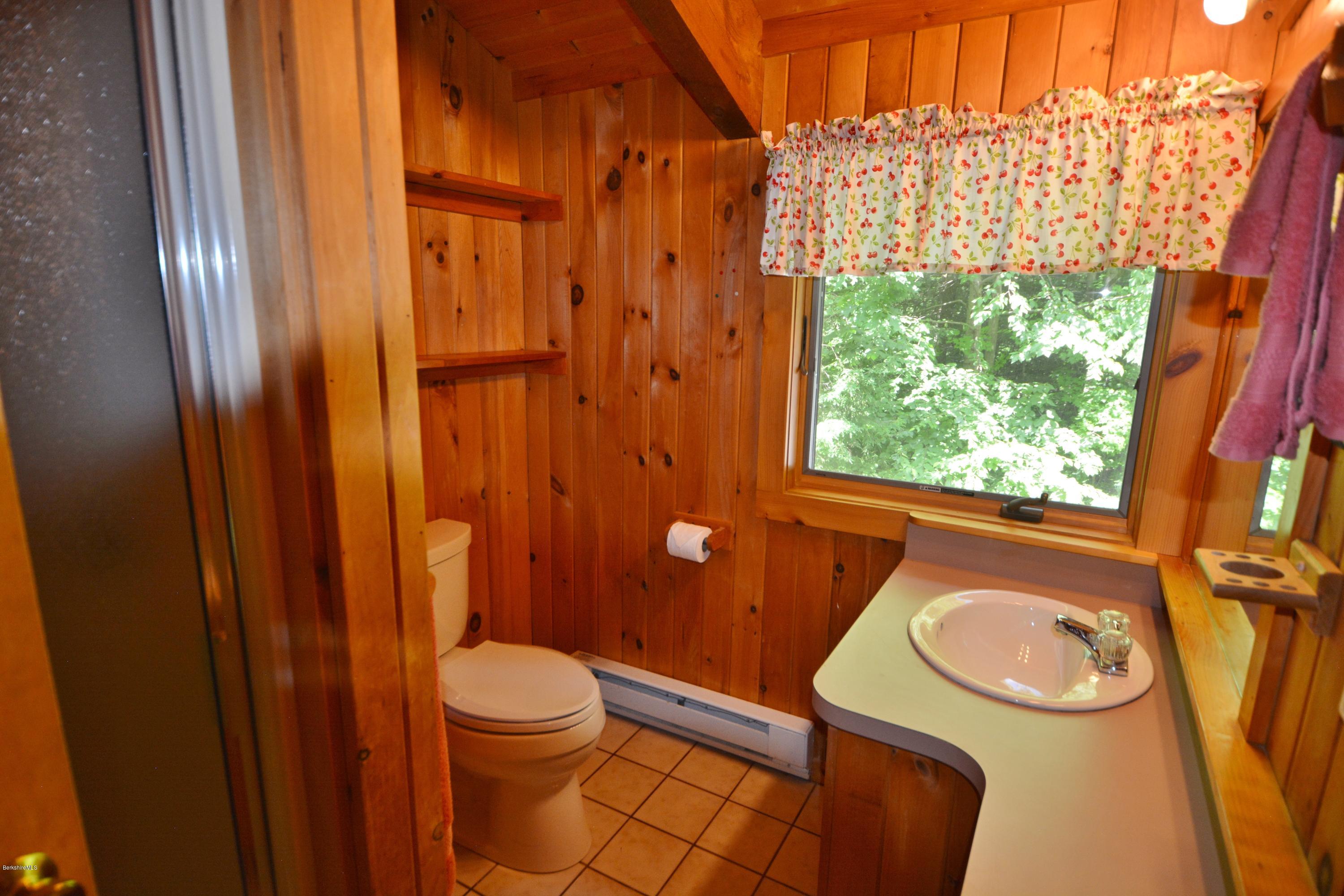 395 Bonny Rigg Hill Road Becket, MA 01223 - Photo 15 of 26 a bathroom with a sink a toilet and shower curtain