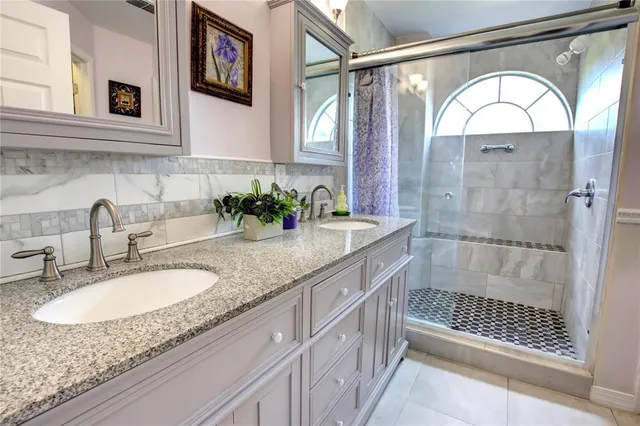 a bathroom with a granite countertop a sink a vanity and a shower