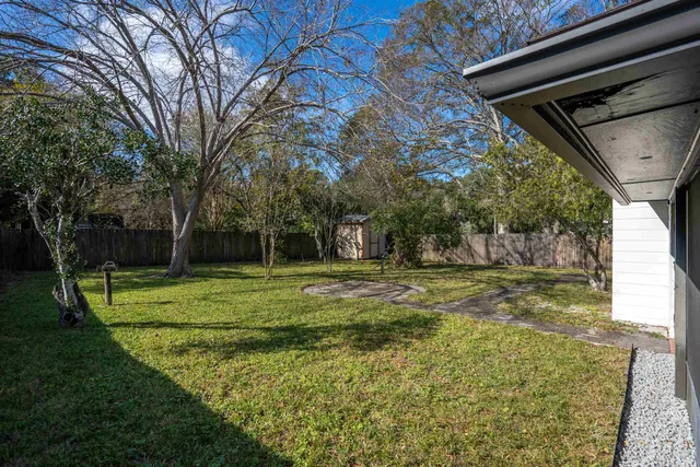 a view of a backyard with large trees
