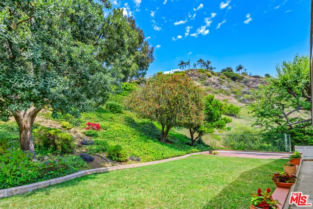 a view of a large yard with lots of green space and plants