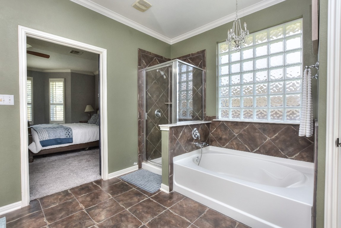 1108 Ritter Drive Cedar Park, TX 78613 - Photo 23 of 40 Soaking garden tub with cute chandelier and glass brick window for privacy without blocking natural sunlight
