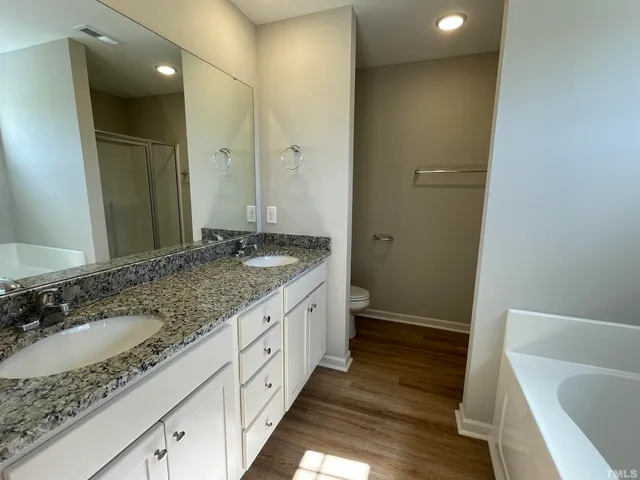 a bathroom with a granite countertop sink and a large mirror