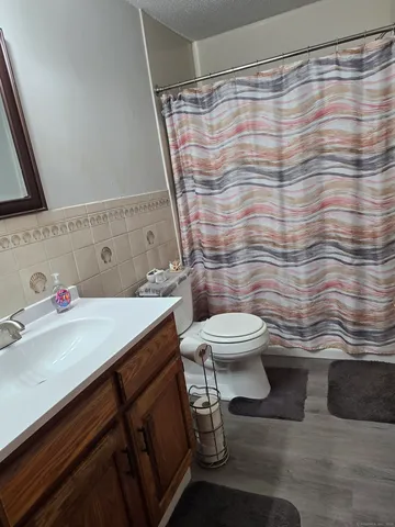 a bathroom with a sink a toilet and shower curtain