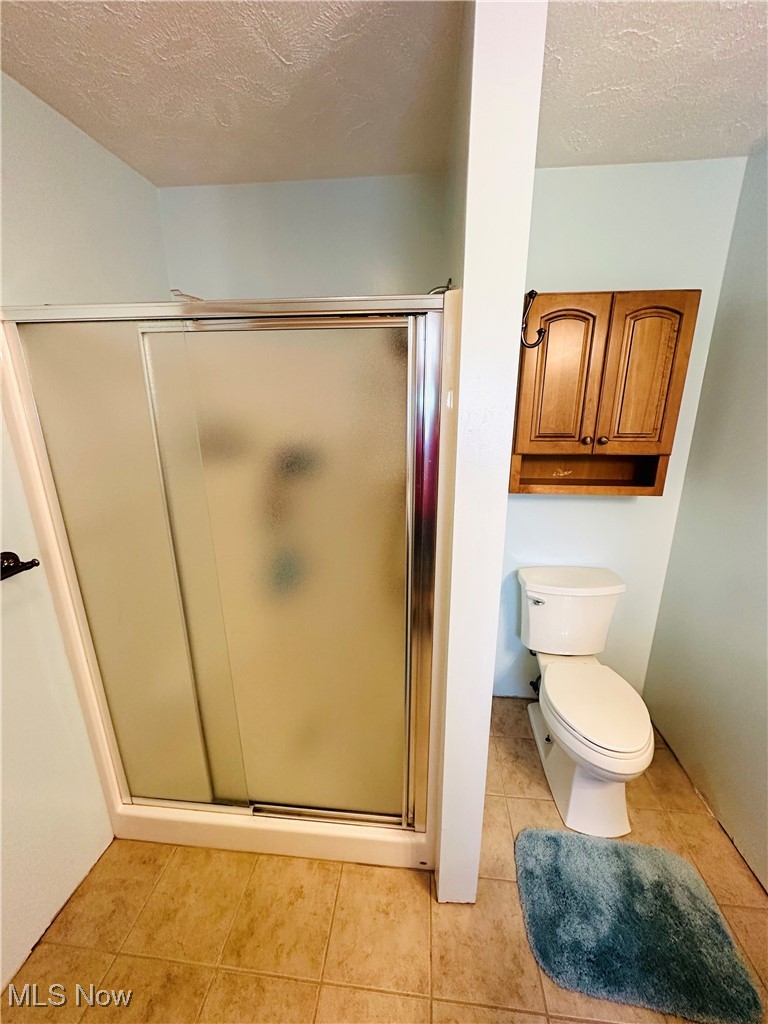 1684 Morris Street Mineral Ridge, OH 44440 - Photo 32 of 50 Bathroom featuring a stall shower, tile patterned flooring, toilet, and a textured ceiling