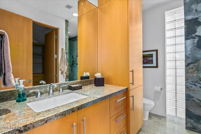 a bathroom with a granite countertop sink a mirror and shower