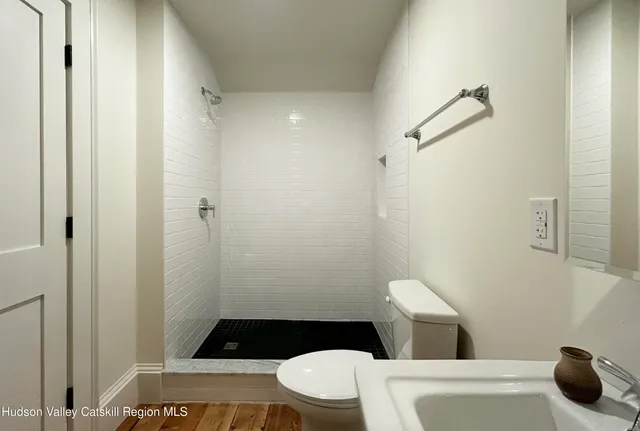 a bathroom with a toilet and shower