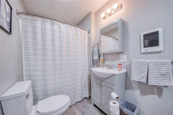 a bathroom with a sink a toilet and shower curtain