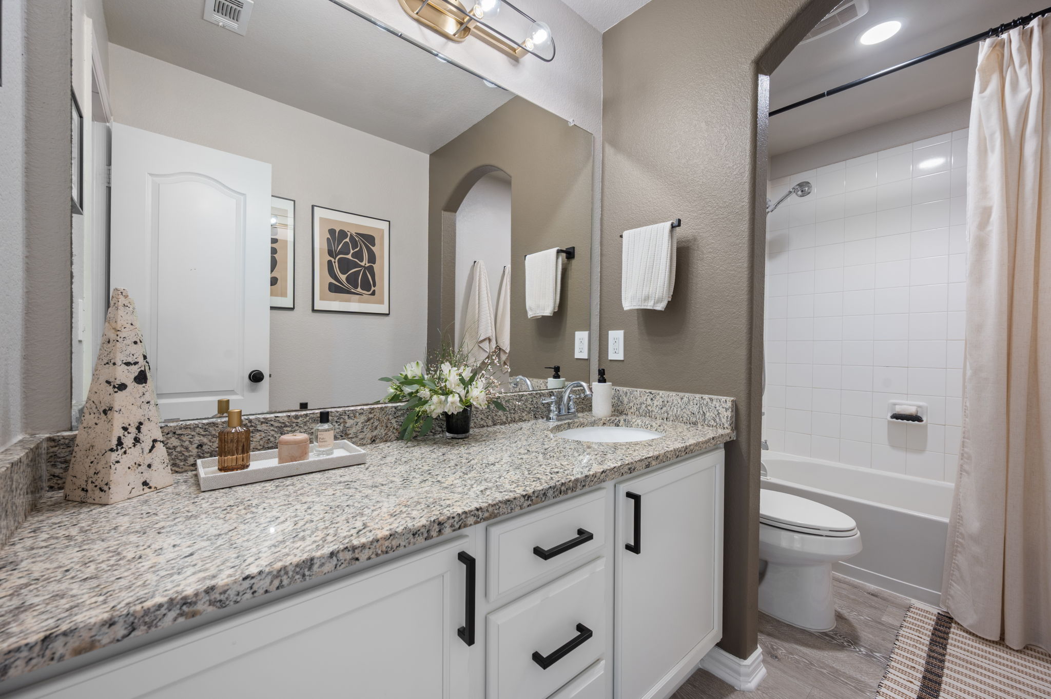 3724 Brean Down Road Pflugerville, TX 78660 - Photo 21 of 34 a bathroom with a granite countertop sink and a mirror