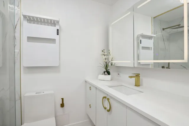 a bathroom with a shower and toilet