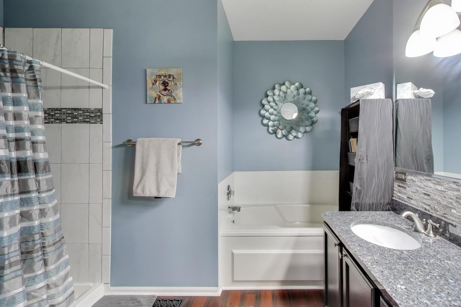 2487 Stonegate Road Algonquin, IL 60102 - Photo 16 of 39 a bathroom with a granite countertop tub a sink and a mirror