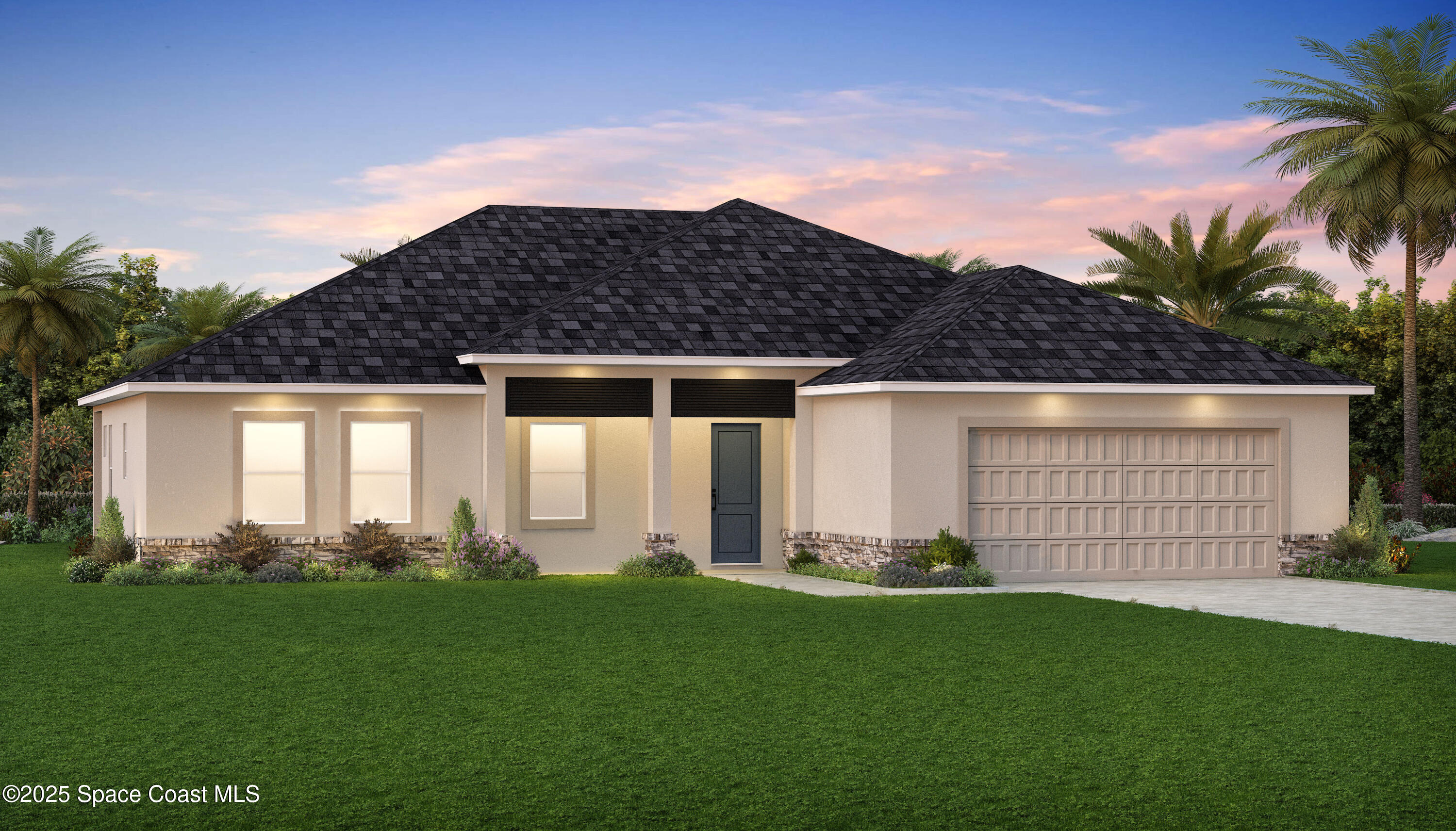 a front view of a house with a garden and plants