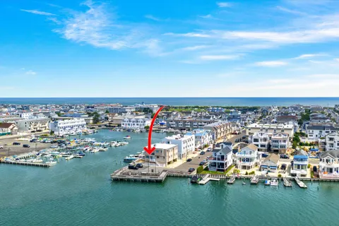 a city view with boat and palm trees