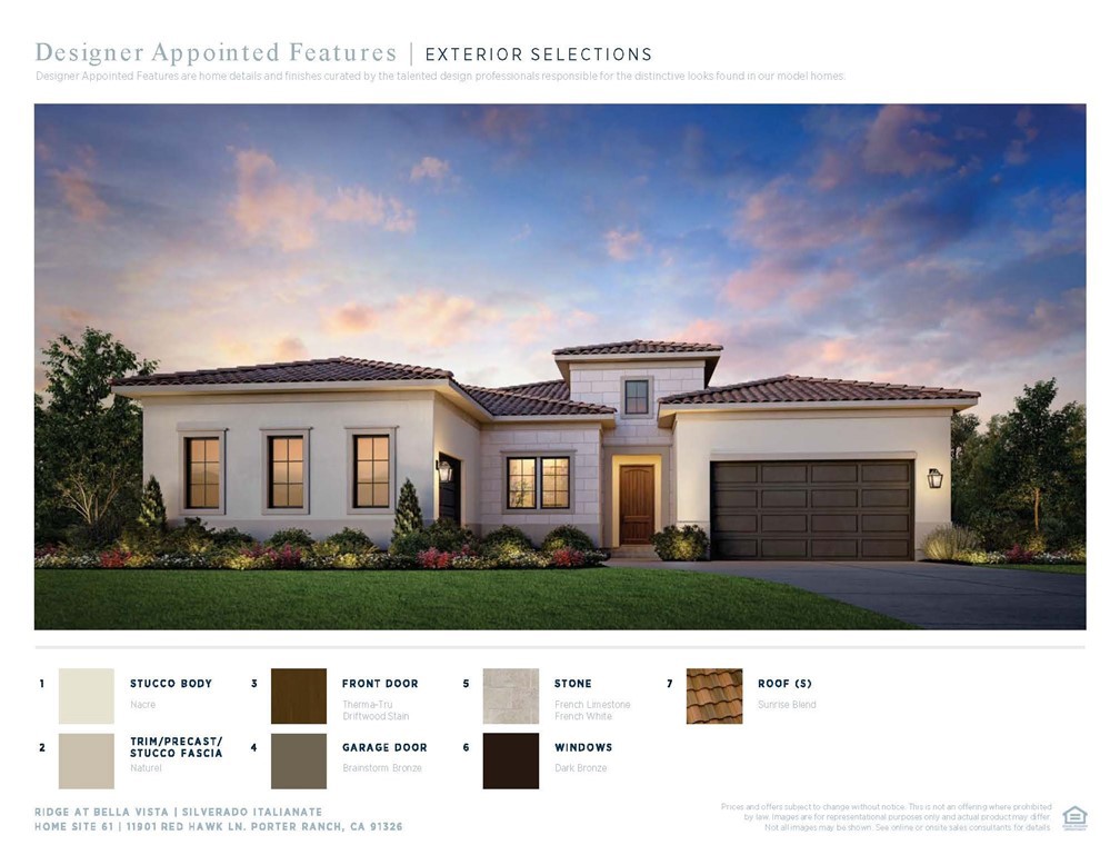 11901 Red Hawk Lane Porter Ranch, CA 91326 - Photo 2 of 8 Front Elevation: Silverado Italianate - Ridge Collection at Bella Vista
Designer Appointed Features / Exterior Selections