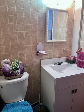 a bathroom with a sink toilet and mirror