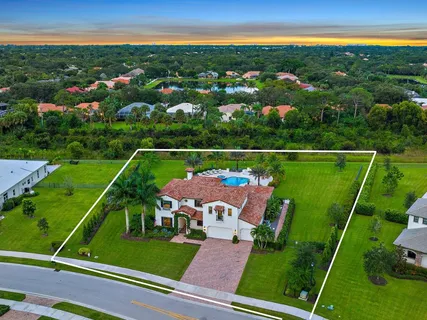 a view of a fountain in front of a house with a big yard