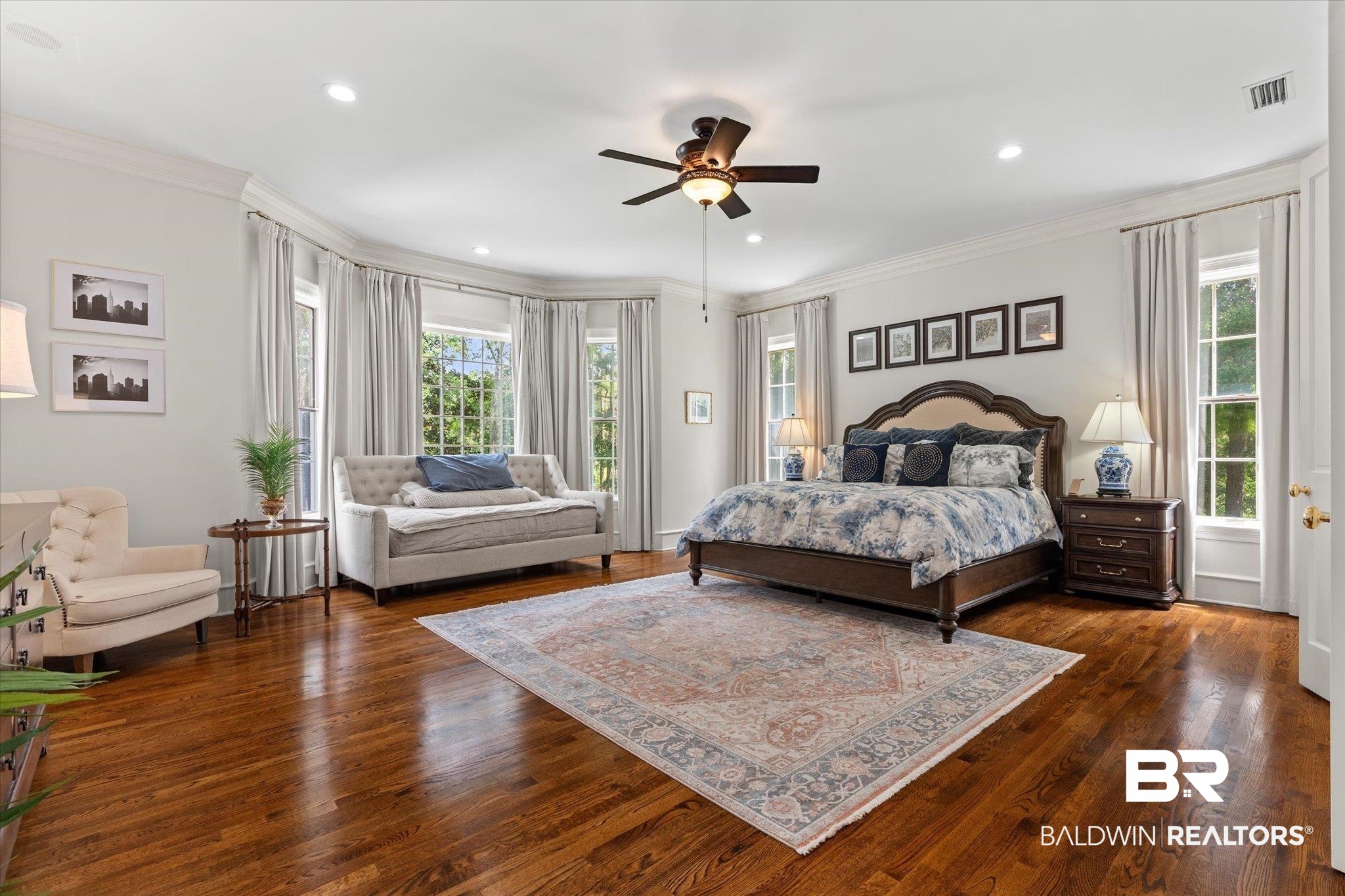 8561 Dawes Lake Road Mobile, AL 36619 - Photo 15 of 63 Bedroom featuring dark wood-style flooring, crown molding, recessed lighting, and ceiling fan