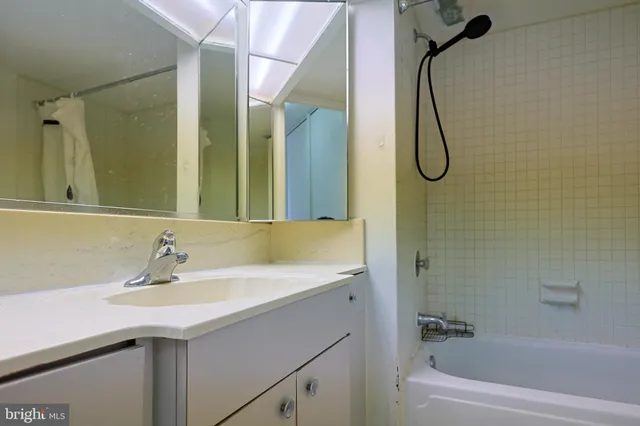 a bathroom with a sink a mirror and a bathtub