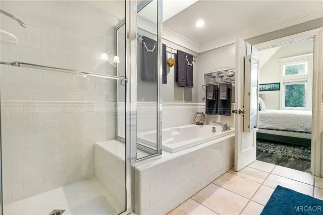 a bathroom with a bathtub and a shower