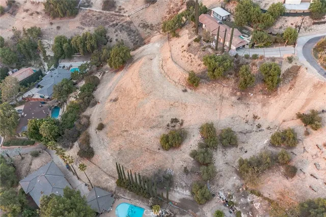 a view of a dry yard with trees