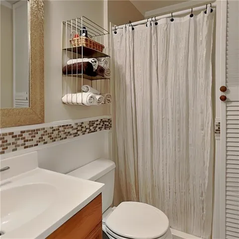 a bathroom with a sink a toilet and shower curtain