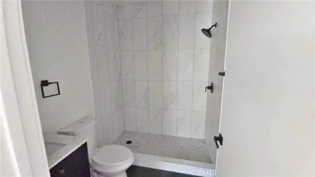 a bathroom with a shower and a toilet
