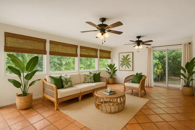 a living room with furniture and a potted plant