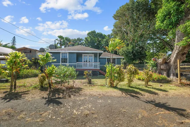 a view of a wooden house with a yard and potted plants
