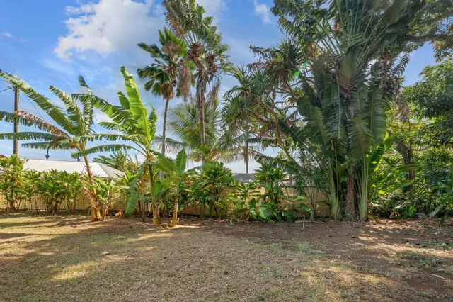 a backyard of a house with a yard and garage