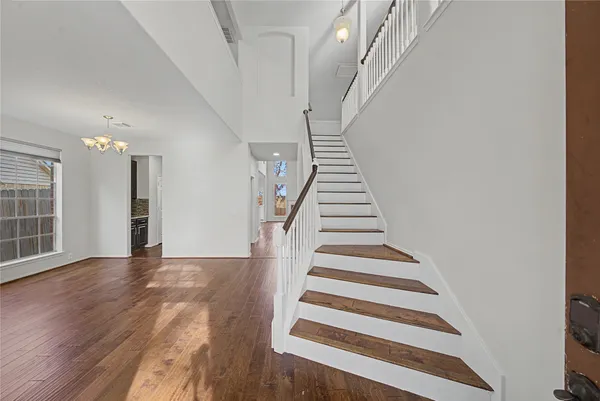 a view of a kitchen with wooden floor and stairs