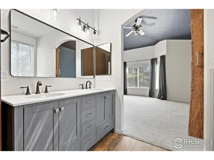 a bathroom with a sink a mirror and a shower