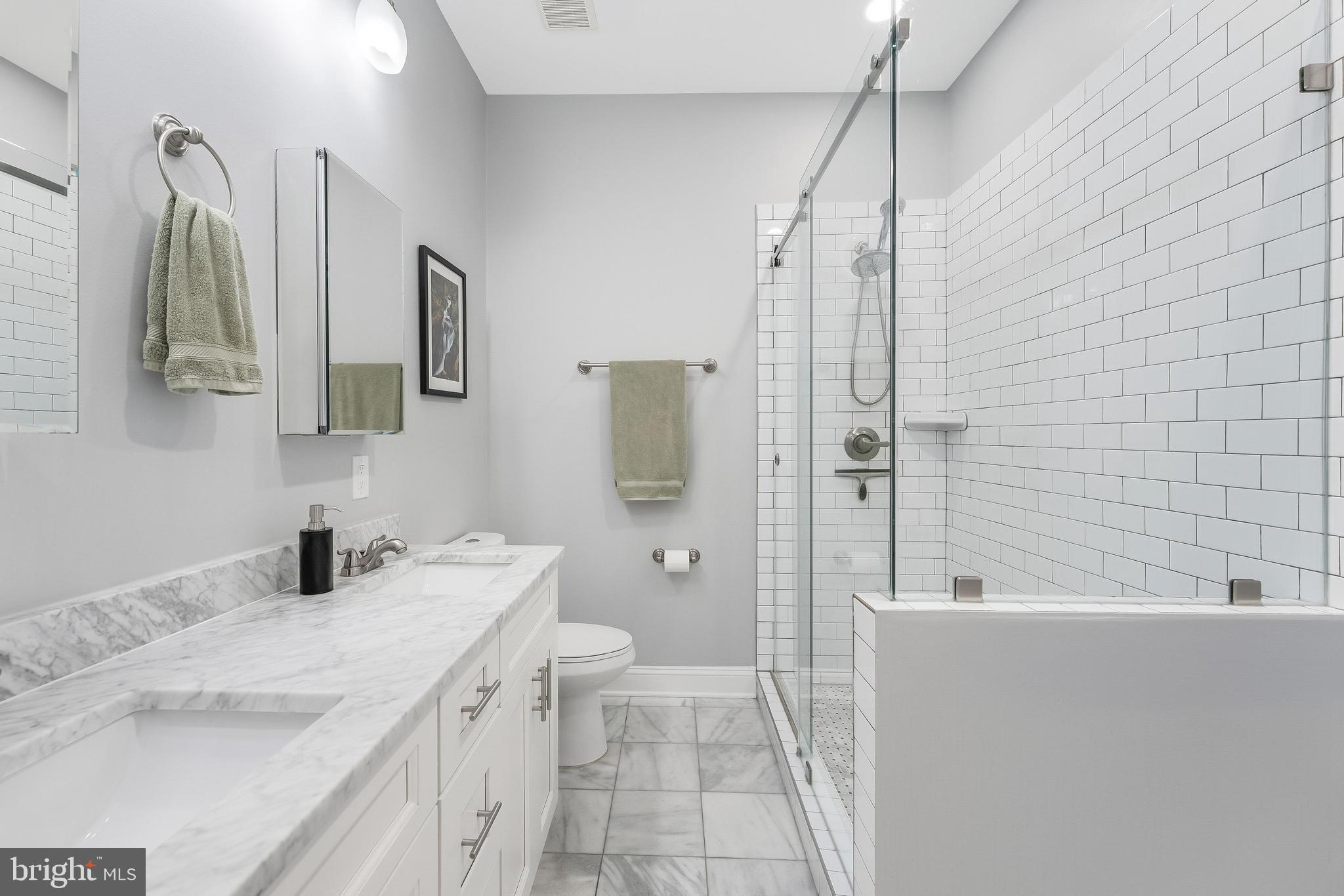 1613 Isherwood Street Northeast, Unit 3 Washington, DC 20002 - Photo 14 of 23 a bathroom with a granite countertop sink a toilet and shower