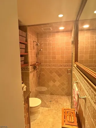 a bathroom with a shower and toilet