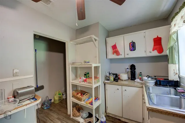 a storage room with cabinets