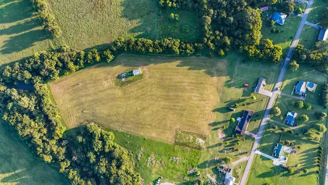 a view of a lake with a yard and large trees