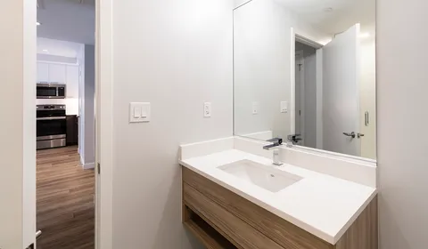 a bathroom with a sink and a mirror