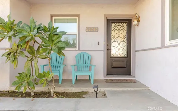 a couple of potted plants in front of door