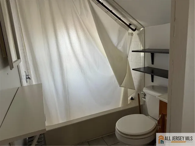 a white toilet sitting next to a shower curtain