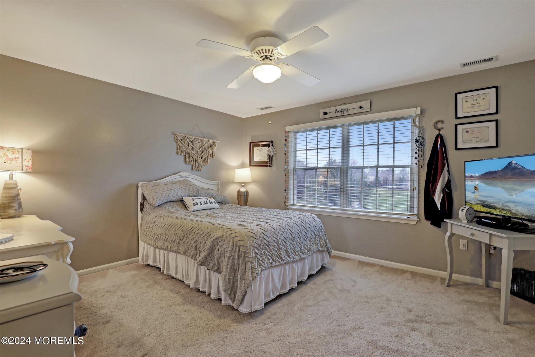 9 Shady Tree Lane Colts Neck, NJ 07722 - Photo 42 of 60 a bedroom with a bed flat screen tv and a large window