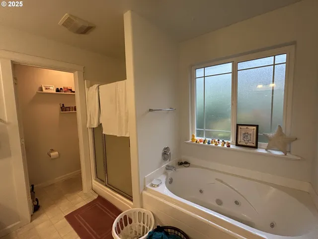 a bathroom with a bathtub and a shower