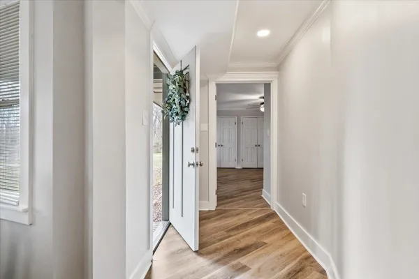 a view of a hallway with wooden floor and a potted plant