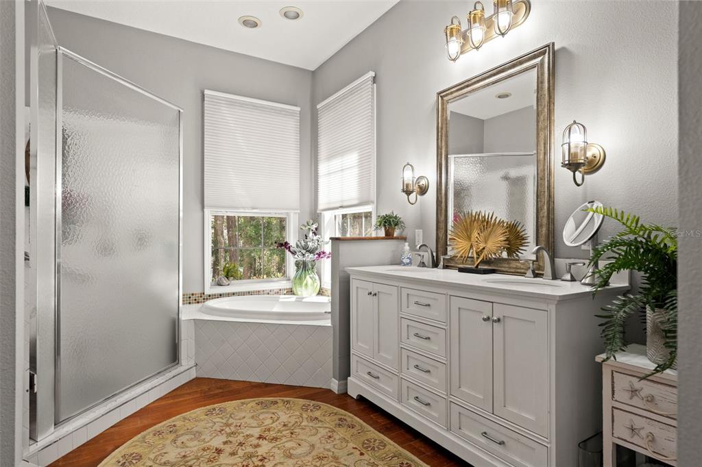 4270 Southeast 193rd Place Yankeetown, FL 34498 - Photo 16 of 42 a bathroom with a granite countertop sink a mirror and a bathtub next to a window