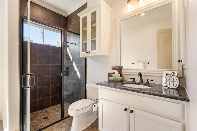 a bathroom with a granite countertop sink a toilet a mirror and shower
