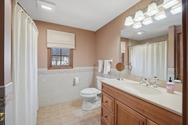 a bathroom with a double vanity sink mirror and toilet