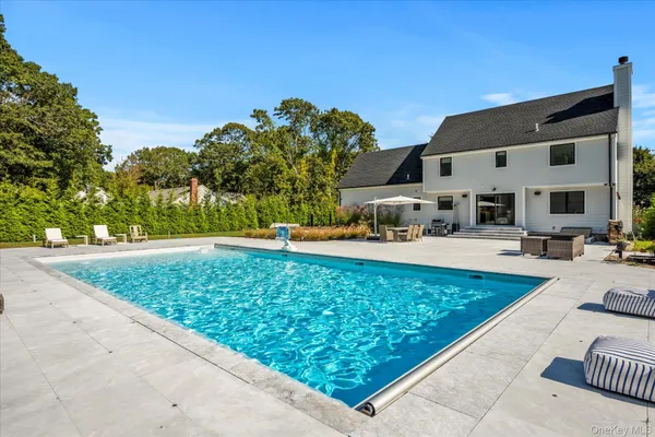 a view of swimming pool with outdoor seating and plants