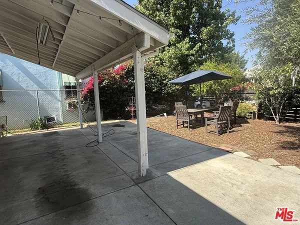 an outdoor space with seating