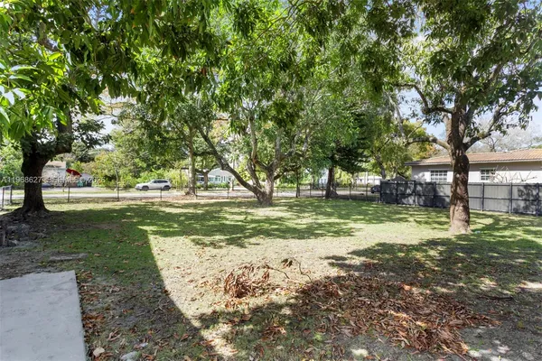 a view of a yard with plants and trees